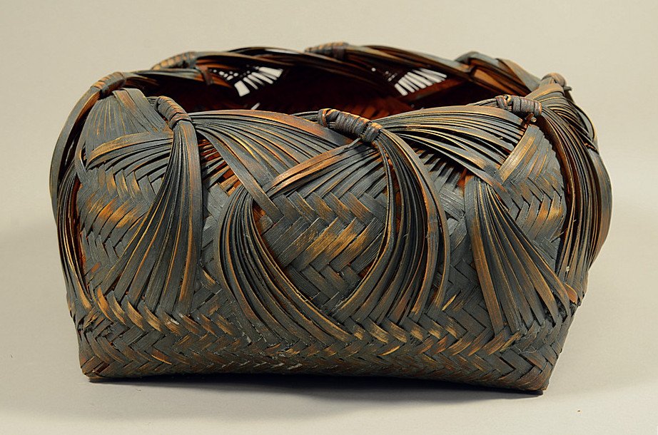 Antique Japanese Ikebana Basket with Painted Green