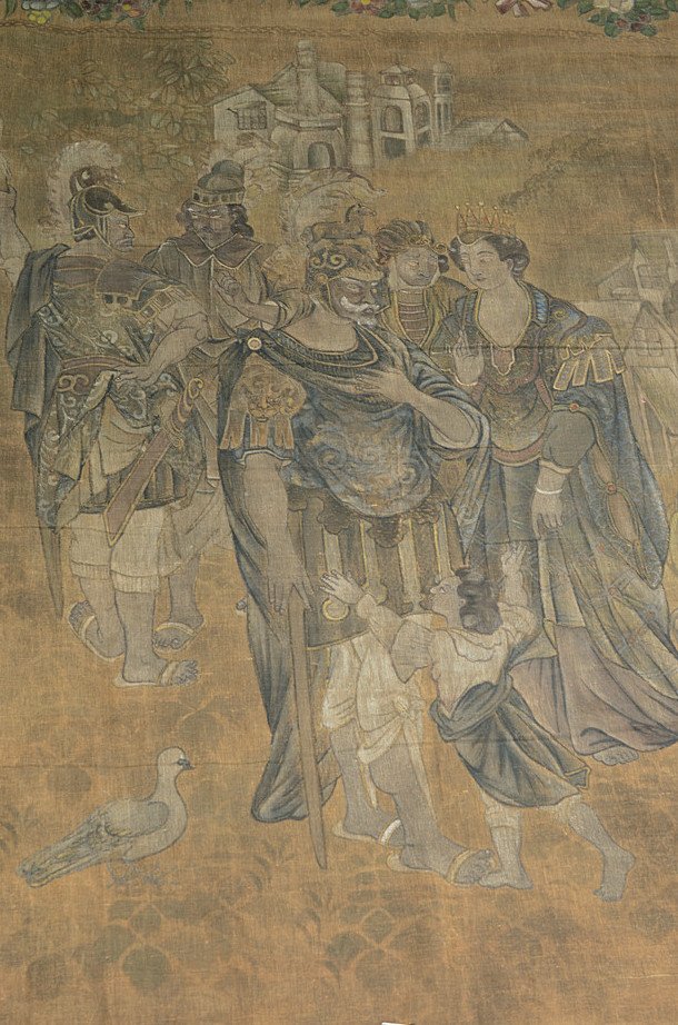 Japanese Export Tapestry With Continental Motif -: :: DESCRIPTION: Japanese Export Tapestry With Continental Motif - Possibly Edo Period? Antique Painted Woven Tapestry - Composed of various fibres possibly cotton and silk in the manner of mediveal eu