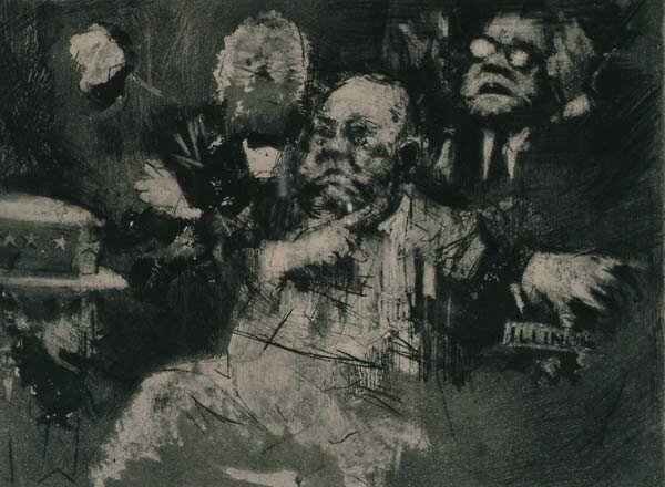 Prints Jack Levine (1915- ), MAJOR DALEY: Jack Levine (1915- ), American MAJOR DALEY AT THE CHICAGO CONVENTION, Etching and aquatint; signed and numbered 77/120 in pencil to margin, further titled, Daley's Gesture to label verso Plate 9" x 11