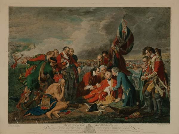 Prints After Benjamin West (1738-1820), T: After Benjamin West (1738-1820), American THE DEATH OF GENERAL WOLFE , Engraving with letters by William Woolett (1735-1785), hand-coloured. in watercolour. Published by Messrs. Woolett, Boydell & Ryl