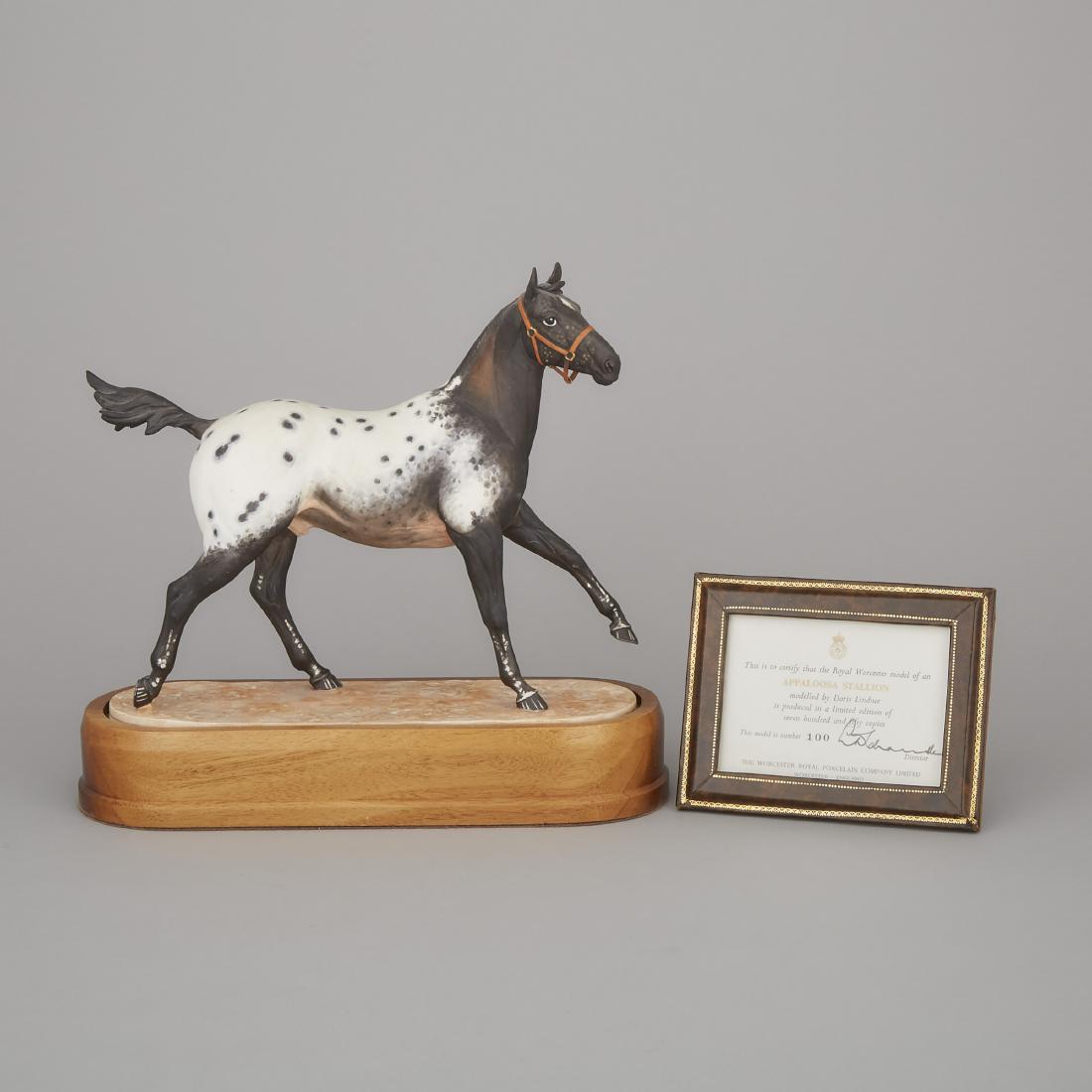 Royal Worcester Equestrian Figure ‘Appaloosa Stallion’,: Lot 142 Royal Worcester Equestrian Figure ‘Appaloosa Stallion’, 100/750, Doris Lindner, c.1969 with wooden base and certificate height 9" — 22.8 cm. printed marks in black and impressed numerals