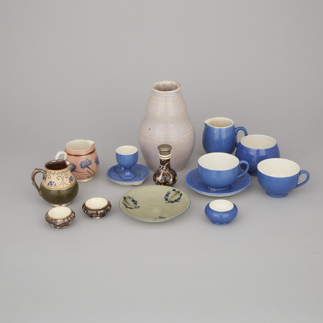 Group of Macintyre and Later Moorcroft Mainly: Lot 190 Group of Macintyre and Later Moorcroft Mainly Tablewares, late 19th/ early 20th century comprising: Natural Pottery vase, 3 cream jugs, 2 cups, 2 saucers, egg cup, sugar bowl, 3 salt cellars,