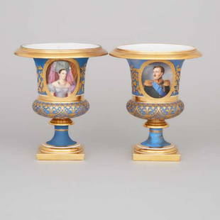 Pair of Russian Imperial Porcelain Portrait Vases,: Lot 211 Pair of Russian Imperial Porcelain Portrait Vases, period of Nicholas I, c.1830 of campana shape on square bases, each painted in colours, after Franz Krüger, with an oval portrait of Emperor