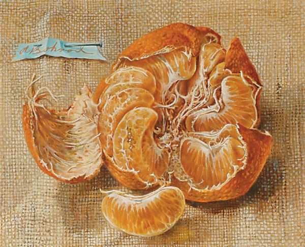 American Aaron Bohrod TANGERINE: Aaron Bohrod (1907-1992), American TANGERINE ON A BURLAP GROUND, Oil on board; signed upper left 4.5" x 5.5" — 11.4 x 14 cm. See illustration Est. $400/600