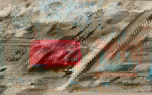 British John Piper HALIFAX CAR-PARK: John Piper (1903-1992), British HALIFAX CAR-PARK, Pen and ink, watercolour, gouache and pastel; signed lower left, titled verso 9" x 13.5" — 22.9 x 34.3 cm. See illustration Est. $4000/6000