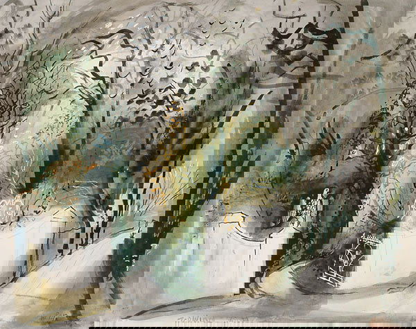 British John Piper TREWINDA LODGE: John Piper (1903-1992), British TREWINDA LODGE, CORNWALL, Pen and ink, watercolour and gouache; signed lower right, titled and inscribed lower left, titled and dated 1955 verso 21.8" x 27.4" — 55.4