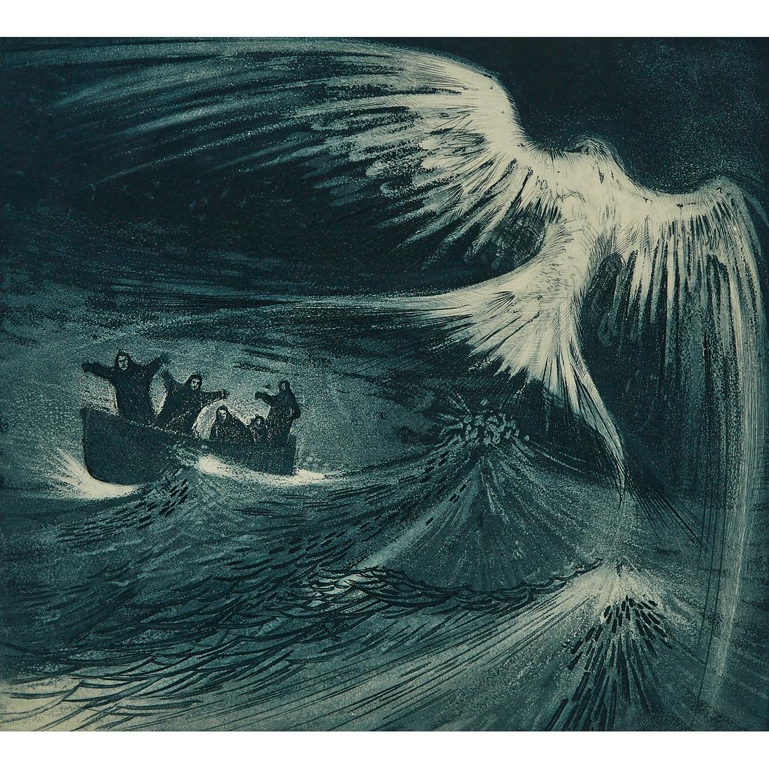 LOST PARTY AT SEA; THE SIGN, 1965: Lot 37 David Lloyd Blackwood (1941 -), Canadian LOST PARTY AT SEA; THE SIGN, 1965 Colour etching and aquatint; signed, titled, dated 1965 and numbered Artist's Proof in pencil to margin. Matted and un