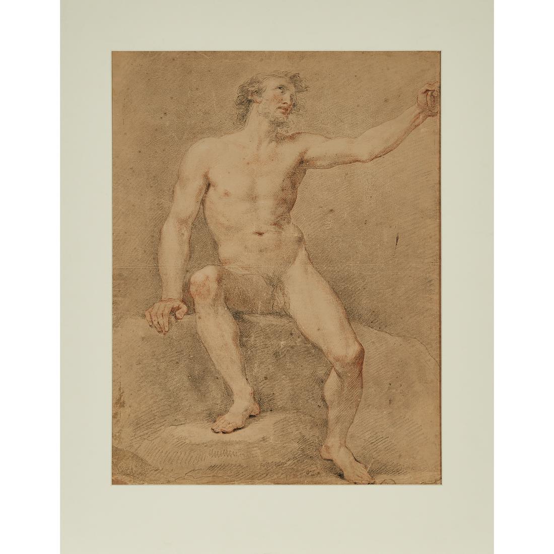 Francesco Bartolozzi (1725-1815), Italian: Lot 357 Francesco Bartolozzi (1725-1815), Italian MALE NUDE SEATED, POSSIBLY 1776 Charcoal and red chalk on paper laid down to board, titled to gallery label and dated "1776?" in the AGO records. Matt