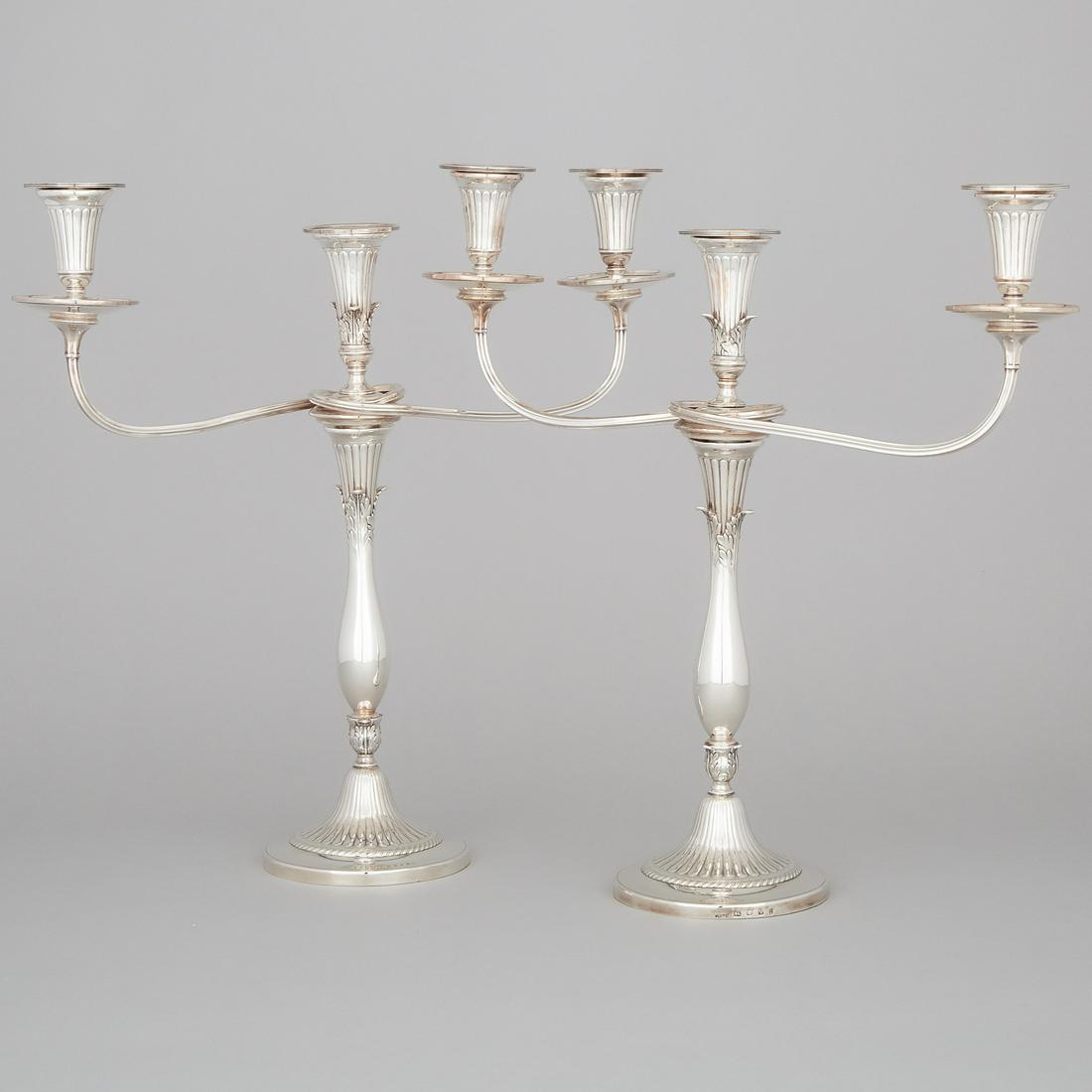 Pair of George III Silver Three-Light Candelabra, John: Lot 63 Pair of George III Silver Three-Light Candelabra, John Green, Roberts, Mosley & Co., Sheffield, 1798 with plated branch sections height 17.7 in — 45 cm Estimate $1,000-$1,500