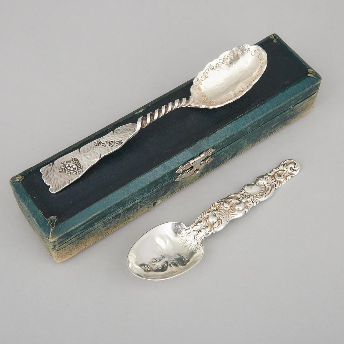 Two American Silver Novelty Spoons, Duhme & Co.,: Lot 121 Two American Silver Novelty Spoons, Duhme & Co., Cincinnati, OH, and Whiting Mfg. Co., New York, N.Y., late 19th century one in a fitted case largest length 6.8 in — 17.3 cm 3.4 oz. — 107