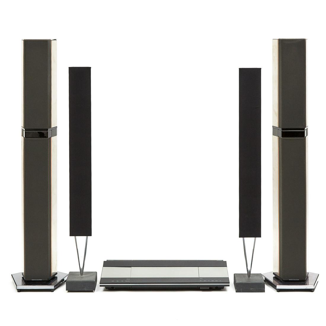 Bang & Olufsen 'BeoSystem 9500' Stereo Sound System,: Bang & Olufsen 'BeoSystem 9500' Stereo Sound System, c.1995 Dimensions: with console designed by Jacob Jansen, two pairs of tower loudspeakers (2 BeoVox Pentas and 2 BeoLa ...; console width 30 in - 7
