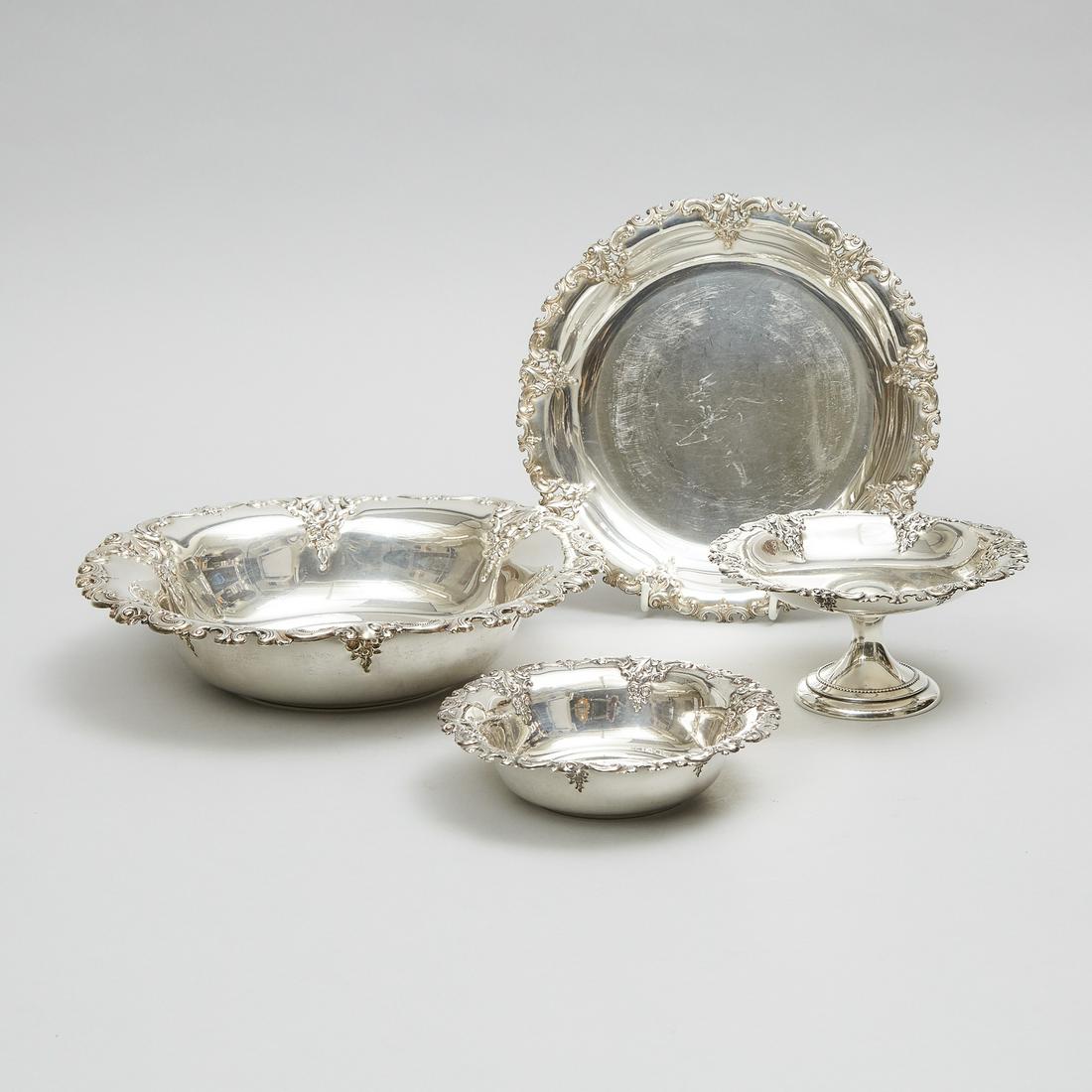 Group of Four American Silver 'Grande Baroque' Pattern: Group of Four American Silver 'Grande Baroque' Pattern Dishes, Wallace Silversmiths, Wallingford, 20th century largest diameter 10.4 in — 26.5 cm; 25.4 oz. — 791 grams