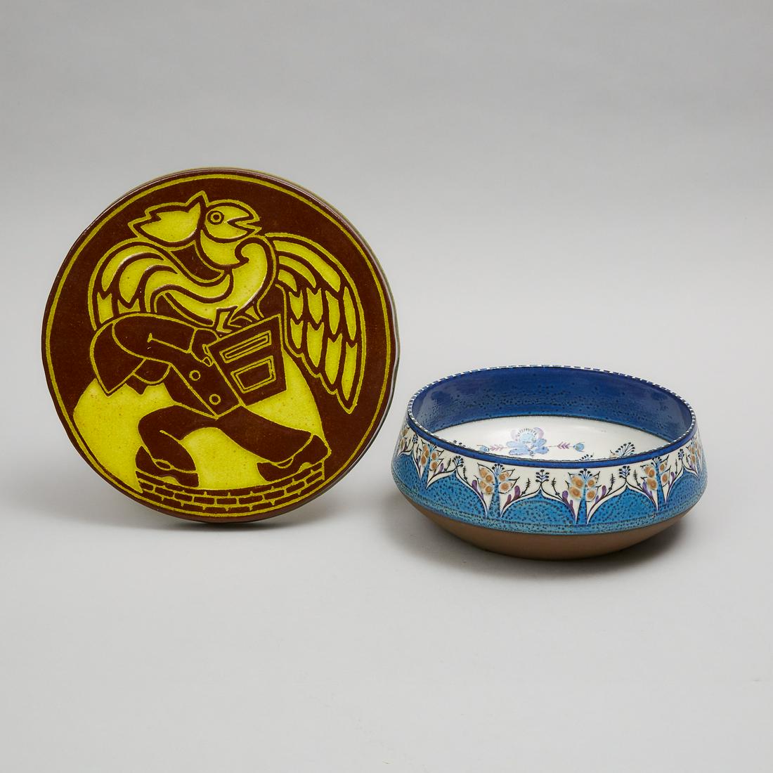 Royal Copenhagen Faience Bowl, Berte Jessen, and: Royal Copenhagen Faience Bowl, Berte Jessen, and Stoneware Circular Plaque, Henry Heerup, c.1970 height 3.8 in — 9.7 cm, diameter 10 in — 25.5 cm; 11.4 in — 29 cm