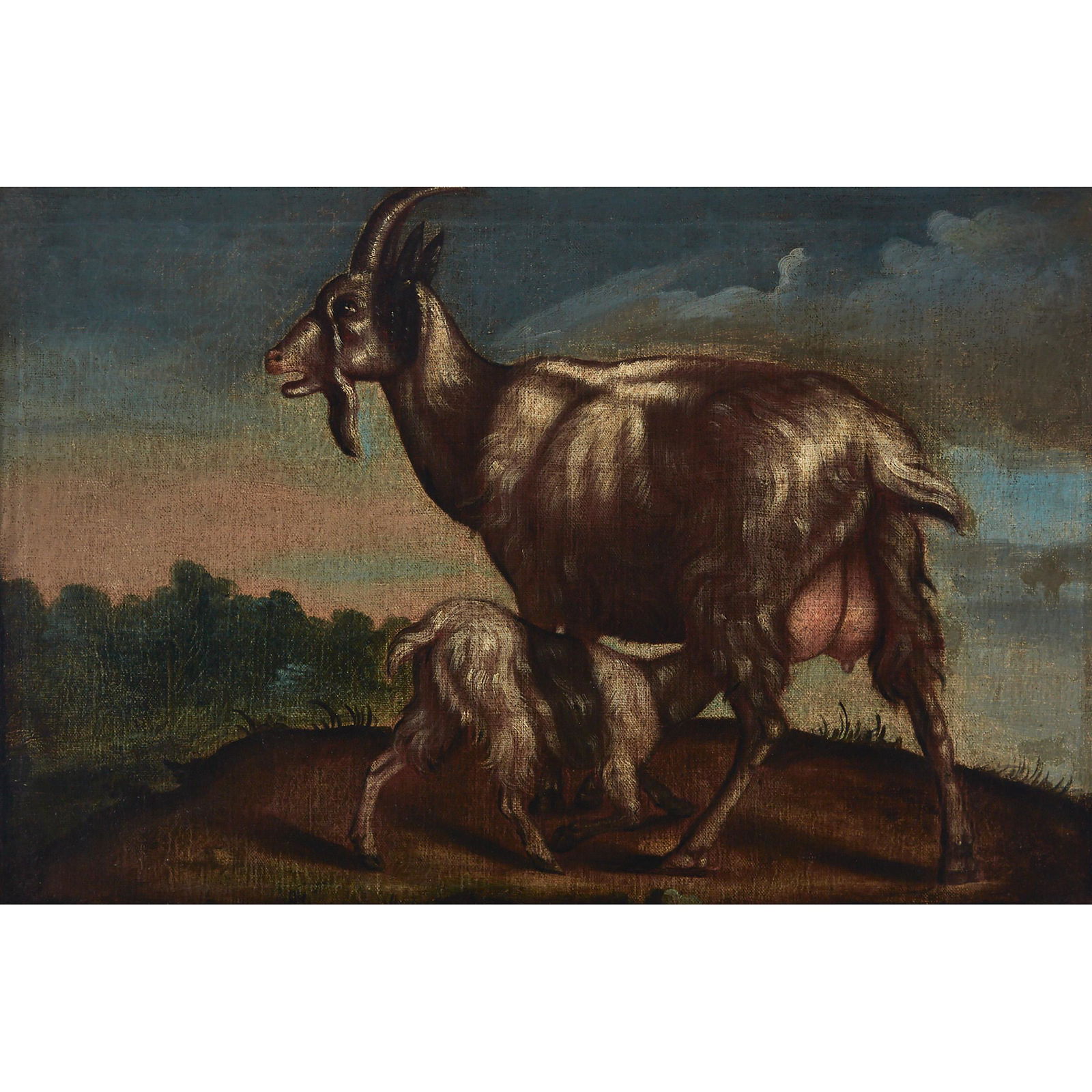 Circle of Jan Thomas I Roos (1591-1638), Belgian: GOAT NURSING HER KID Oil on canvas; 20 x 31 in — 50.8 x 78.7 cm Provenance: Paul Duval Collection, Toronto, acquired at D & J Ritchie Auctioneers, Toronto in the late 1980s/early 1990s