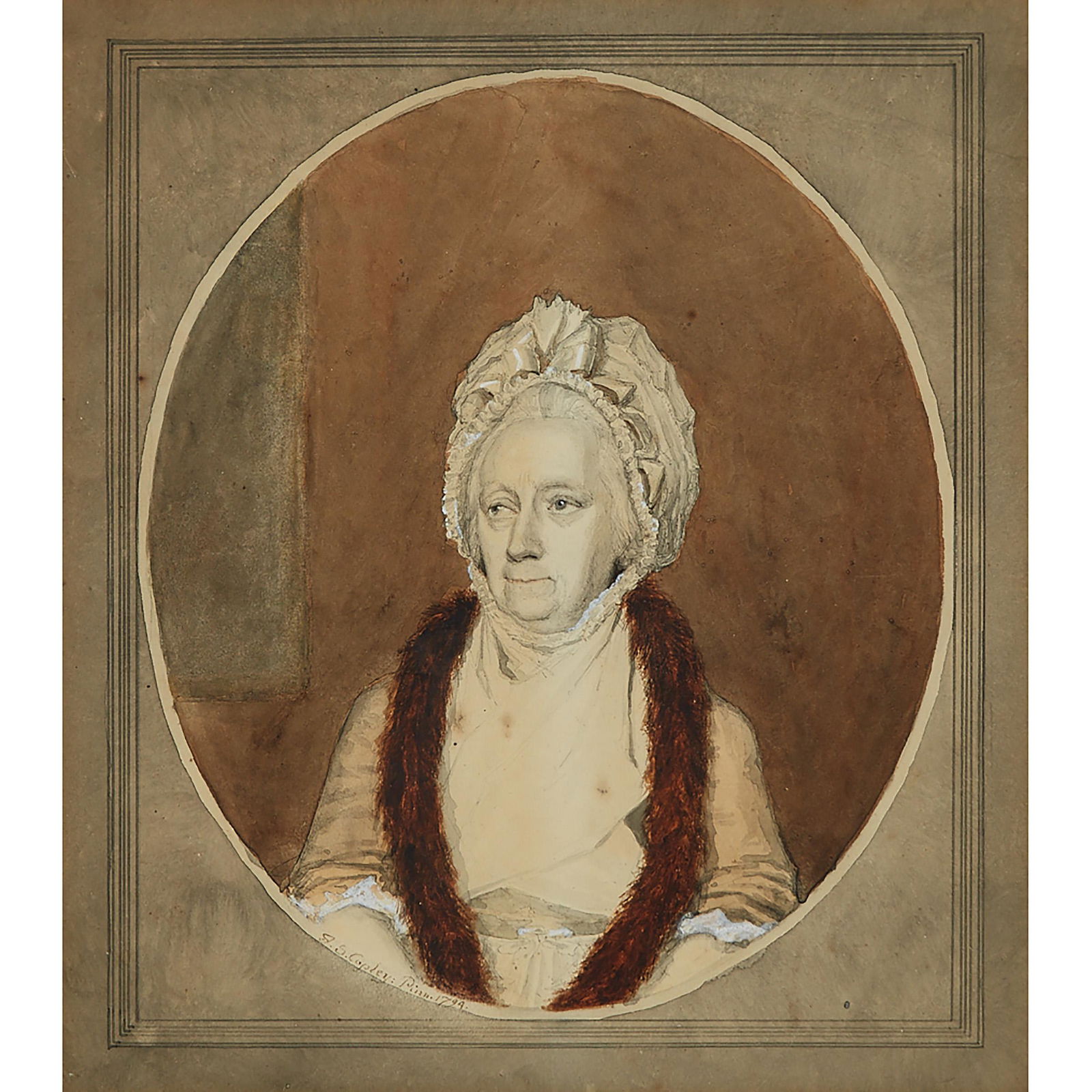 Attributed to John Singleton Copley (1738-1815),: CATHERINE HARVEY (NEE SPRINGETT), DIED 1809, AGE 84, MARRIED RICHARD HARVEY, 1794 Ink and watercolour on paper in a sculpted oval with hand-drawn oval, ruled watercolour matboard; si ...; Sheet/Image