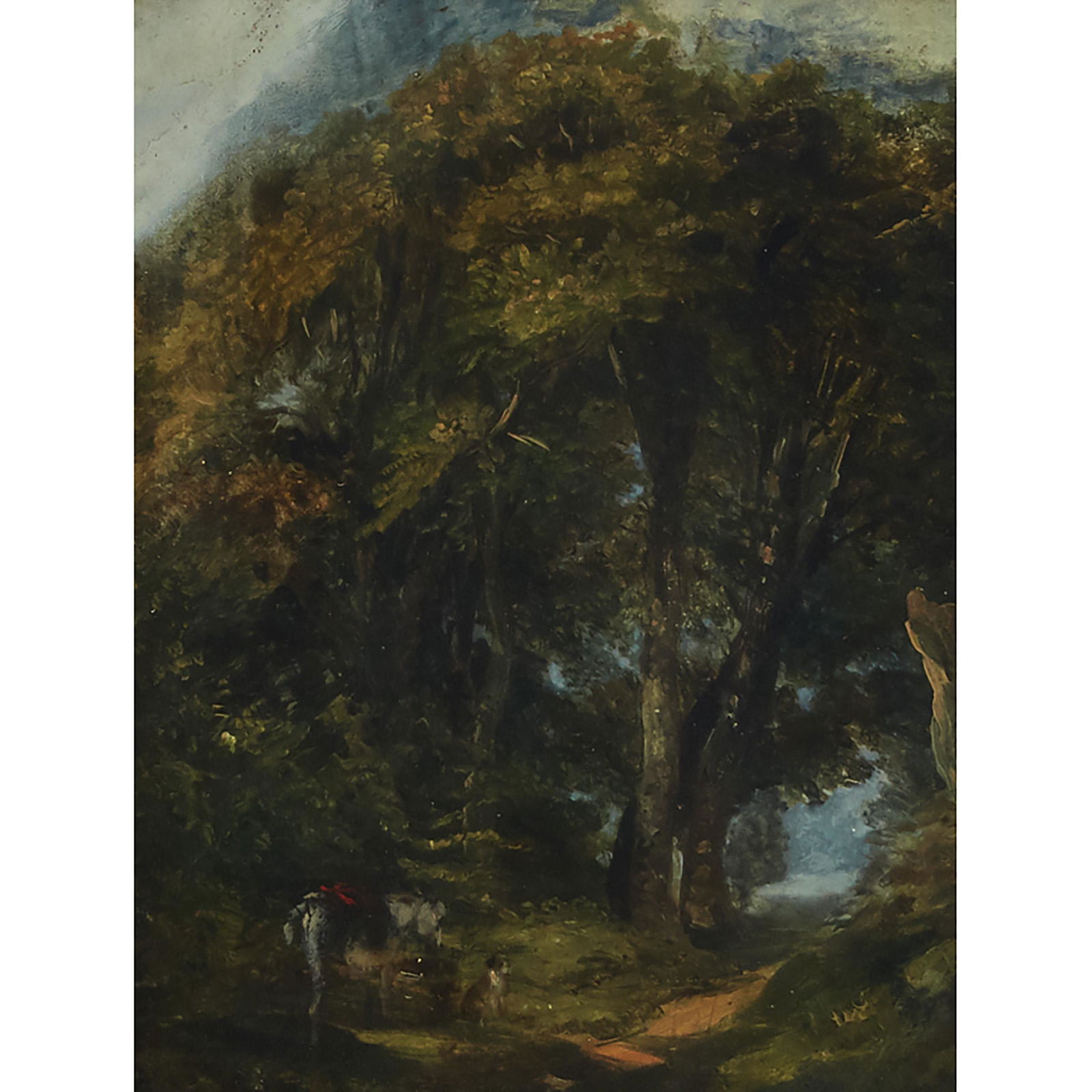 Follower of John Constable (1776-1837), British: NEAR DEDHAM, SUFFOLK Oil on board laid down to cardboard backing; titled in pencil to the frame, given to John Constable ...; 9.5 x 7.75 in — 24.1 x 19.7 cm Provenance: With Haynes Art Gallery, Toro