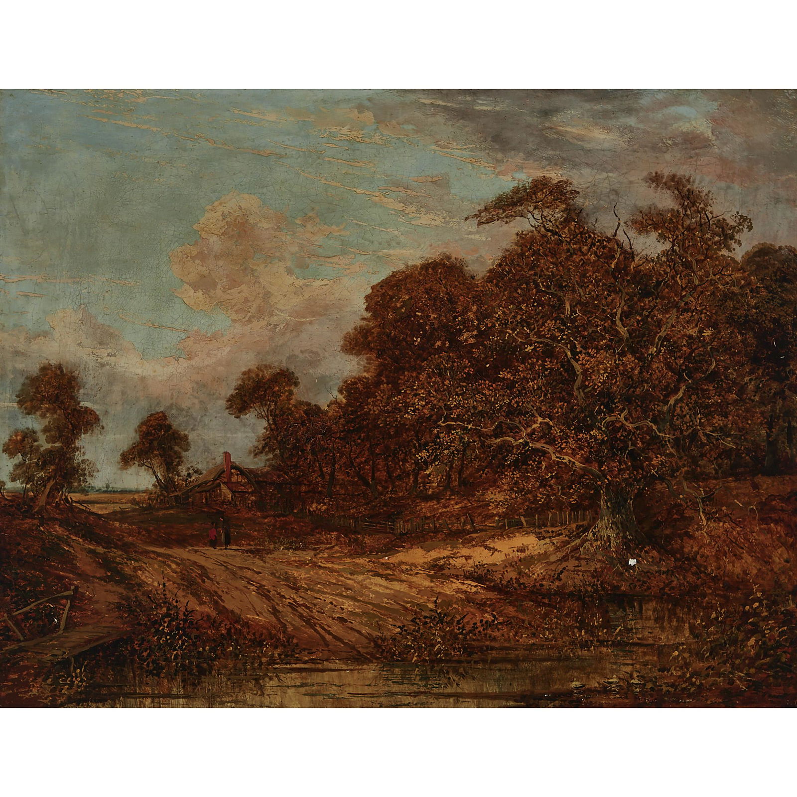 19th Century British: COUNTRY ROAD, WITH TWO FIGURES BEFORE A THATCHED COTTAGE IN FALL Oil on canvas; given to John Constable to the nameplate frame recto. Unsigned.; 28 x 36 in — 71.1 x 91.4 cm