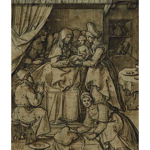 Attributed to Jan Swart van Groningen (circa 1500- d.: THE BIRTH OF THE VIRGIN, CIRCA 1530 Ink and watercolour en grisaille heightened with white on laid paper; bears Albrecht Durer's monogra ...; Sheet 10.4 x 8.8 in — 26.3 x 22.3 cm Provenance: Accompa