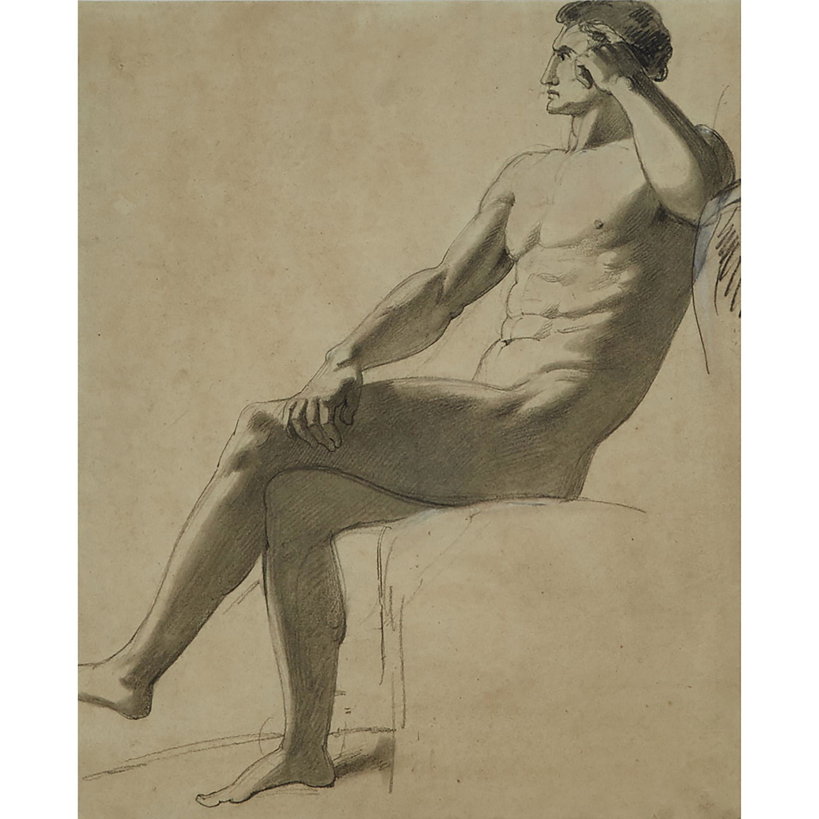 Manner of William Blake (1757–1827), British: MALE NUDE SEATED IN PROFILE FACING TO THE LEFT Charcoal with watercolour en grisaille on J Whatman watermarked paper; Sheet 13.5 x 10.6 in — 34.3 x 27 cm Provenance: Prominent Private Collection of