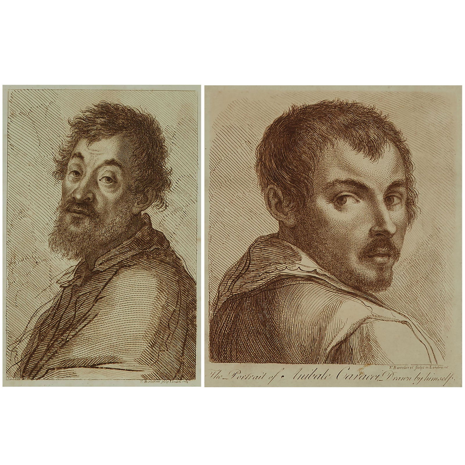 Francesco Bartolozzi (1727-1815), Italian: THE PORTRAIT OF ANIBALE CARACCI DRAWN BY HIMSELF; PORTRAIT OF A BEARDED MAN Two engravings; each dated 1760s at London in the plate. Contained in Victorian gilt frames with r ...; Plate 8.1 x 7.3 in �