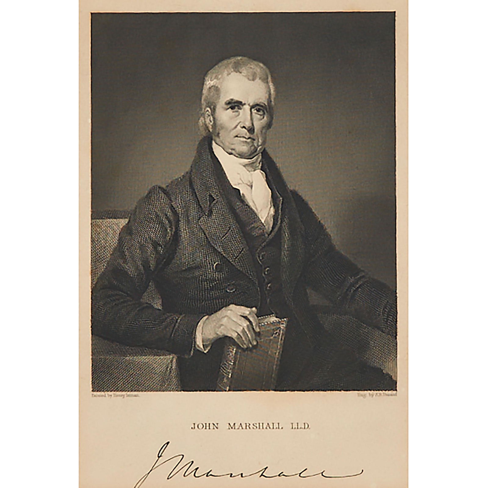 Asher Brown Durand (1796-1886) After Henry Inman: JOHN MARSHALL LLD, 1833; Engraving with letters; signed with facsimile signature 'J. Marshall'. Matted and unframed.; Plate/Sheet 9.5 ins x 6.1 ins; 24.1 cms x 15.6 cms; 10.1 ins x 6.5 ins; 25.7 cms x