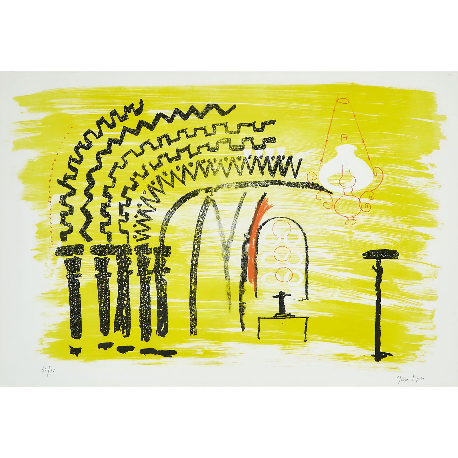 John Piper (1903-1992), British: TICKENCOTE (9 TICKENCOTE, RUTLAND: THE NORMAN CHANCEL ARCH), 1964 [LEVINSON, 130]; Colour lithograph on wove paper; signed and numbered 62/70 in pencil to margin. Published by Marlborough Fine Art, Lo