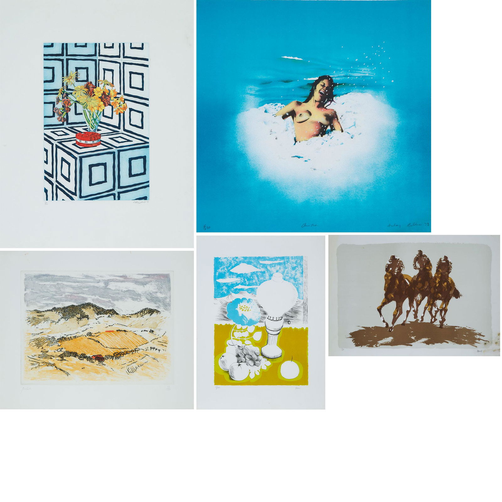 British, Various Artists (20th Century): FIVE MODERN BRITISH PRINTS BY ARTISTS INCLUDING:; 1. Antony Donaldson (1939-); "Christine," 1973; Colour lithograph; signed, titled, dated /73 and numbered 5/250 in pencil; Sheet 19.75 ins x 20 ins; 5