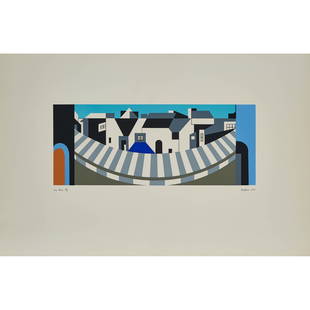 Alfred Pellan (1906-1988), Canadian: LA RUE (FROM ''LA NUIT DES ROIS'' BY SHAKESPEARE), 1971; Colour silkscreen; signed, titled, dated 1971, and numbered 77/100 in pencil to margin. Unframed.; Image/Sheet 10 ins x 25 ins; 25.5 cms x 63.6