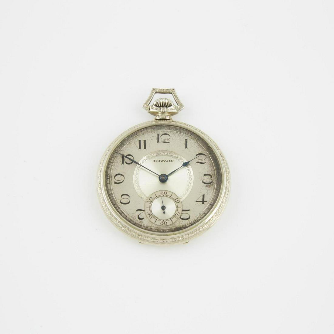 E.Howard Watch Co. (Keystone) Openface Stem Wind Pocket: E.HOWARD WATCH CO. (KEYSTONE) OPENFACE STEM WIND POCKET WATCH circa 1921; serial #17518; 10 size; 17 jewel movement; silver dial; in an E.Howard Watch Co. 14k white gold case, 51.5 grams, case back in