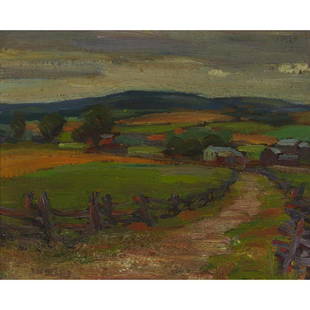 JOHN WILLIAM BEATTY, O.S.A., R.C.A. (1869-1941),: JOHN WILLIAM BEATTY, O.S.A., R.C.A. (1869-1941), CANADIAN UNTITLED (FENCED PATH) oil on card signed 8.5 ins x 10.3 ins; 21.6 cms x 26.2 cms Provenance: Private Collection, Ontario Estimate: