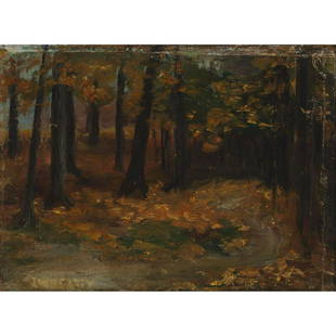 JOHN WILLIAM BEATTY, O.S.A., R.C.A. (1869-1941), TREED: JOHN WILLIAM BEATTY, O.S.A., R.C.A. (1869-1941), CANADIAN TREED PATH oil on canvas, laid down on panel signed 7.75 ins x 10.75 ins; 19.7 cms x 27.3 cms Provenance: Private Collection, Ontario 