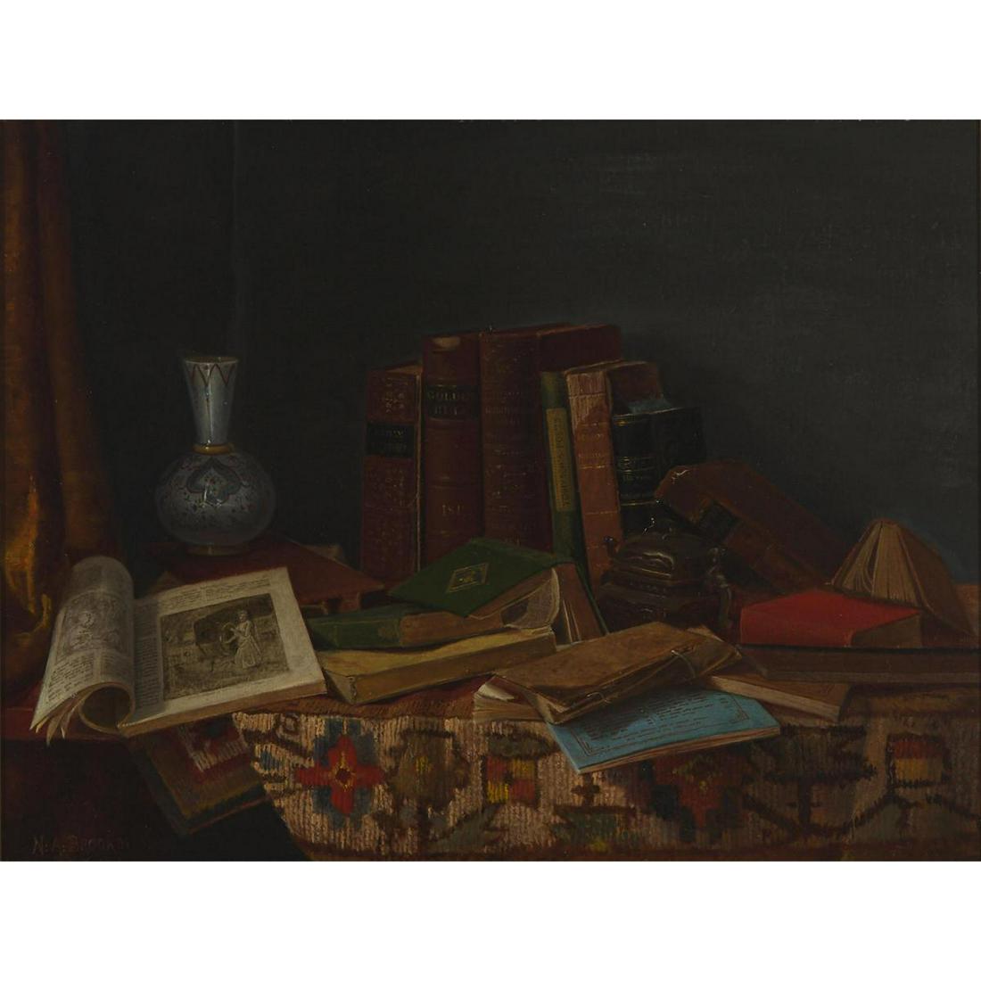 NICHOLAS ALDEN BROOKS (1840-1904), STILL LIFE WITH: NICHOLAS ALDEN BROOKS (1840-1904), AMERICANSTILL LIFE WITH BOOKS, 1890oil on canvas, laid down on board; signed 'N.A. Brooks' and dated 1890 at New York (N.Y.) lower left13.5 ins x 17.75 ins; 34.3 cms