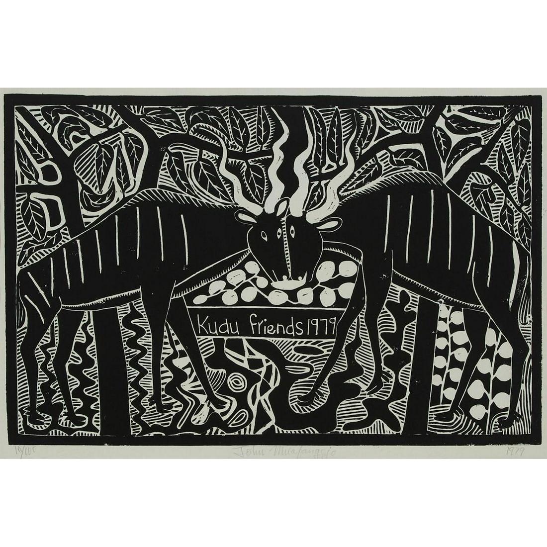 John Ndevasia Muafangejo (1943–1987), KUDU FRIENDS,: JOHN NDEVASIA MUAFANGEJO (1943–1987), NAMIBIANKUDU FRIENDS, 1979Linocut, titled and dated "Kudo Friends 1979" in the plate in centre; signed, dated 1979 and numbered 15/100 in pencil to marginImage