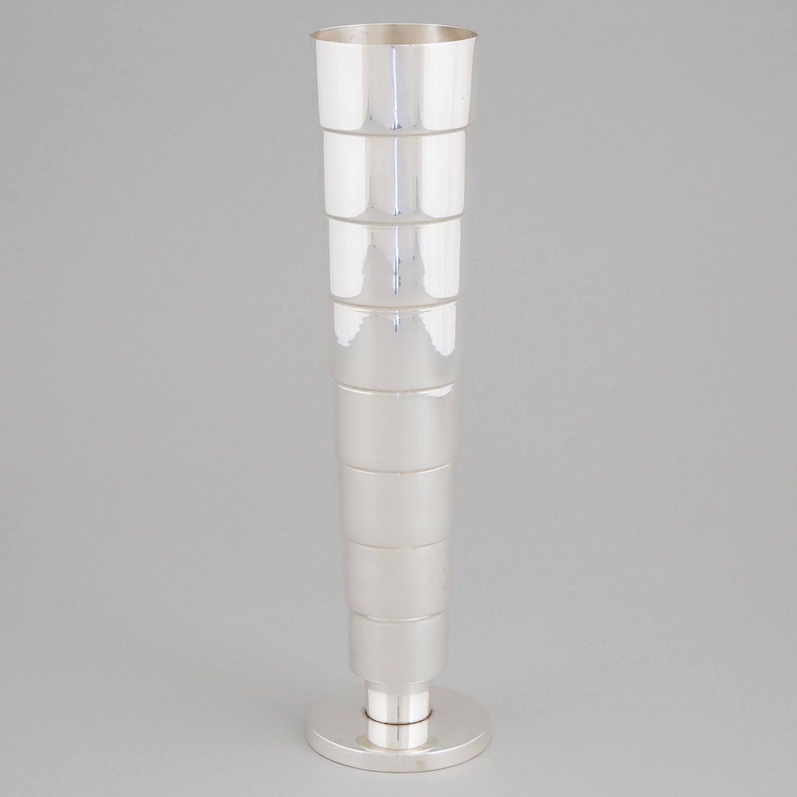American Silver Plated 'Today' Vase, Kem Weber: American Silver Plated 'Today' Vase, Kem Weber (designed 1927), late 20th centuryheight 13.7 in — 34.7 cm, stamped marks ©MMANote:Metropolitan Museum reproductionEstimate: $75—150