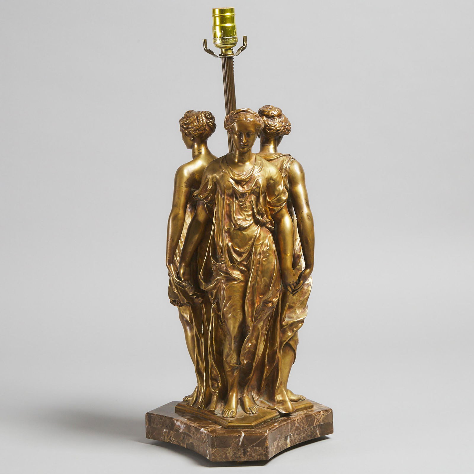 French Gilt Bronze 'Three Graces' Figural Table Lamp: French Gilt Bronze 'Three Graces' Figural Table Lamp after Germain Pilon (c.1525-1590), c.1900cast by Victor Paillard after the monument by Germain Pilon (c.1525-1590) containing the heart of Henri II