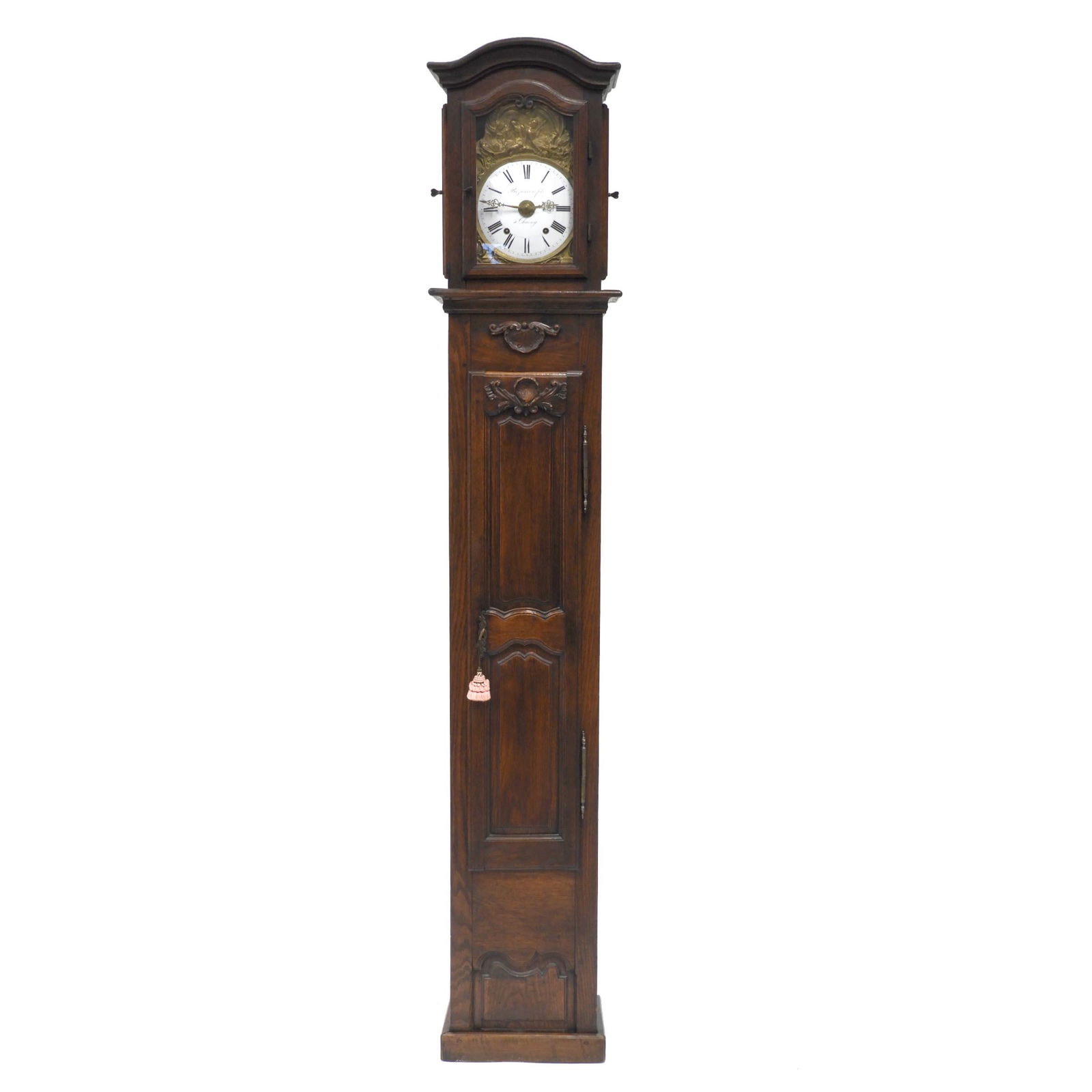 French Carved Oak Tall Case Morbier Clock, Bezancon: French Carved Oak Tall Case Morbier Clock, Bezancon Fils, Charny, 19th centuryheight 91 in — 231.1 cmEstimate: $500—700