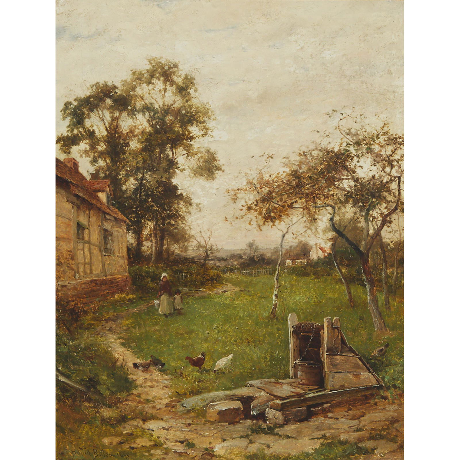 David Bates (1840–1921), THE VILLAGE DRAW-WELL,: DAVID BATES (1840–1921), BRITISHTHE VILLAGE DRAW-WELL, 1895Oil on canvas; signed and dated 1895 lower left, signed, titled and dated 1895 verso18 ins x 14 ins; 45.7 cms x 35.6 cmsProvenance:Acqu