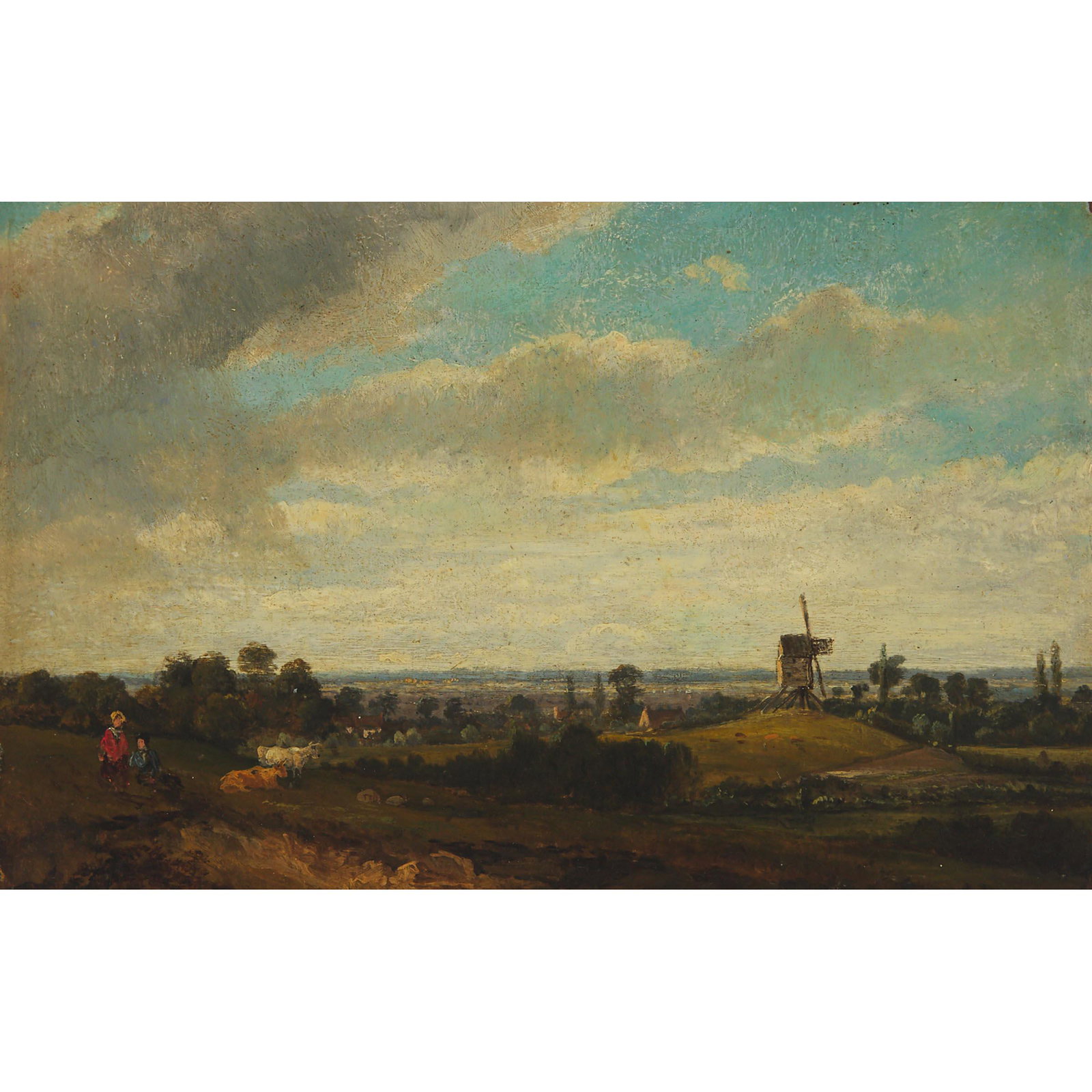 Follower of John Constable (1776-1837), PASTORAL WITH: FOLLOWER OF JOHN CONSTABLE (1776-1837), BRITISHPASTORAL WITH WINDMILL, FIGURES AND COWSOil on board9 ins x 13.75 ins; 22.9 cms x 34.9 cmsProvenance:Private Collection, TorontoEstimate: $800&