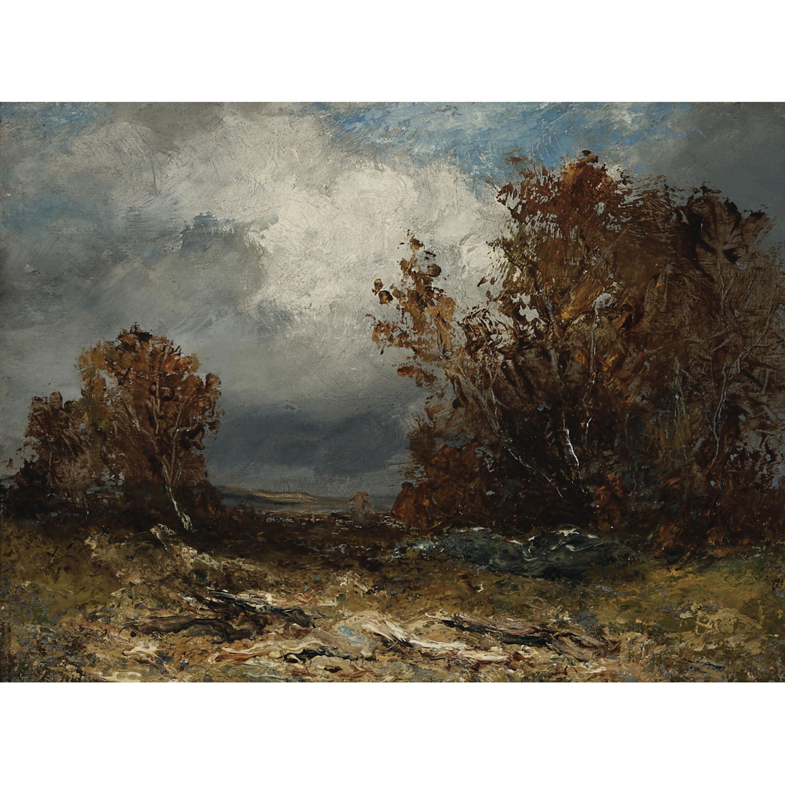 Follower of John Constable (1776–1837), FALL: FOLLOWER OF JOHN CONSTABLE (1776–1837), BRITISHFALL LANDSCAPE WITH WINDBLOWN CLEARINGOil on canvas; signed indistinctly with initials MDM? lower right12 ins x 16 ins; 30.5 cms x 40.6 cmsProvenan