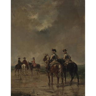 Louis Emile Benassit (1833-1902), CAVALRYMEN ON: LOUIS EMILE BENASSIT (1833-1902), FRENCHCAVALRYMEN ON HORSEBACKOil on panel; signed lower right13.75 ins x 10.6 ins; 34.9 cms x 27 cmsProvenance:Prominent Private Family Collection, Dundas, ON