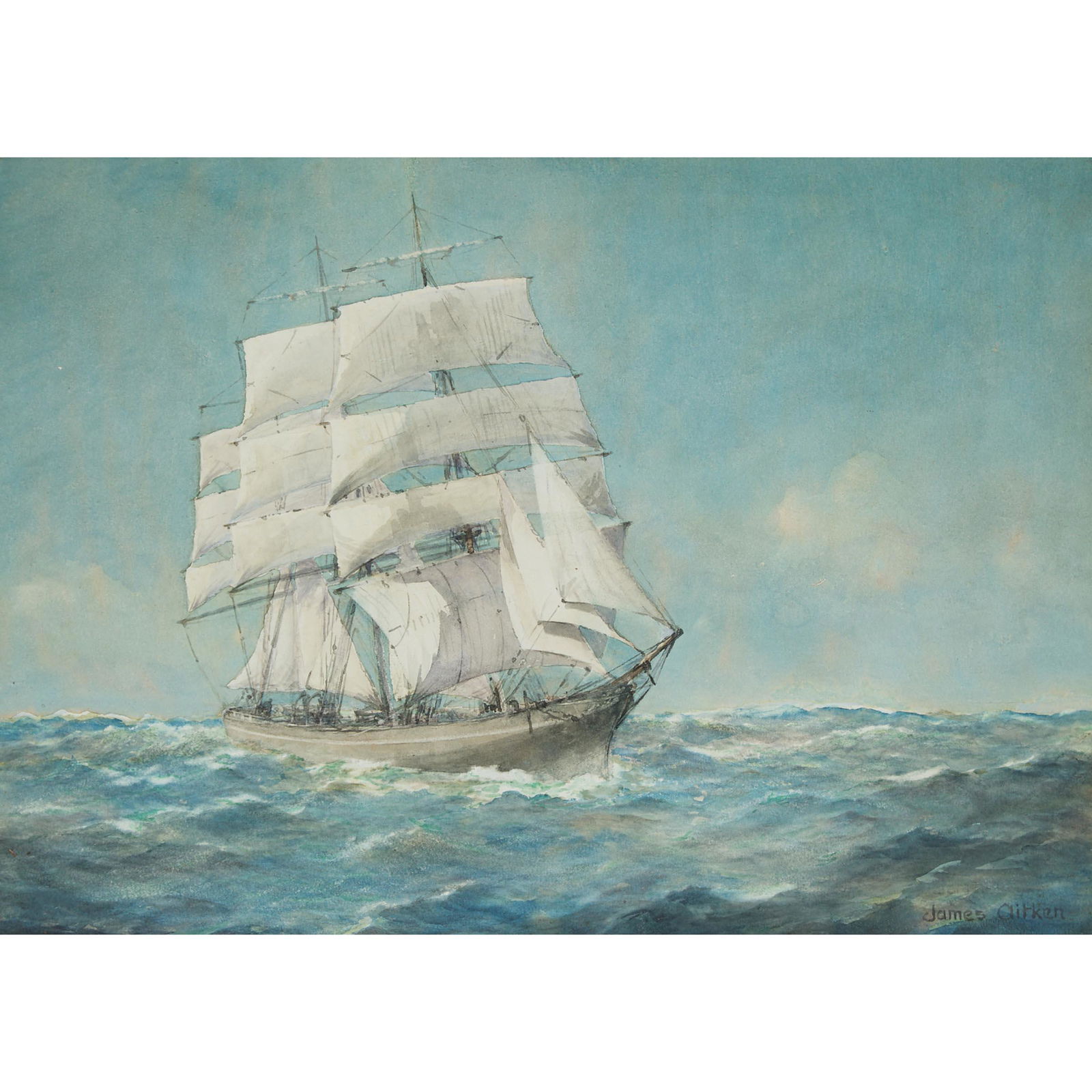 James Alfred Aitken (1846-1897), A TEN KNOT BREEZE,: JAMES ALFRED AITKEN (1846-1897), SCOTTISHA TEN KNOT BREEZEWatercolour; signed James Aitken, titled to gallery label verso backingSight 13.6 ins x 19.5 ins; 34.5 cms x 49.5 cmsProvenance:J.B. Robertson