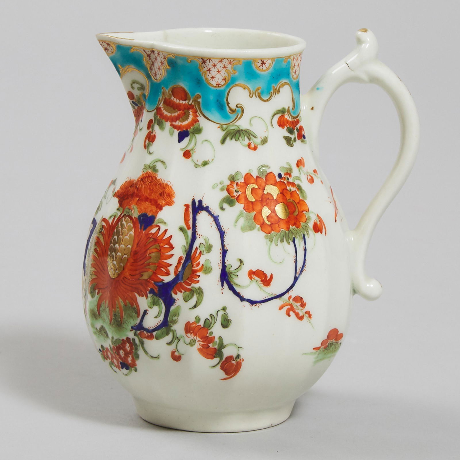 Worcester 'Jabberwocky' Sparrow Beak Fluted Cream Jug,: Worcester 'Jabberwocky' Sparrow Beak Fluted Cream Jug, c.1770-75height 4.2 in — 10.7 cm, painted square fret mark in underglaze blueProvenance:Estate of Lois Orkin, TorontoEstimate: $200—3