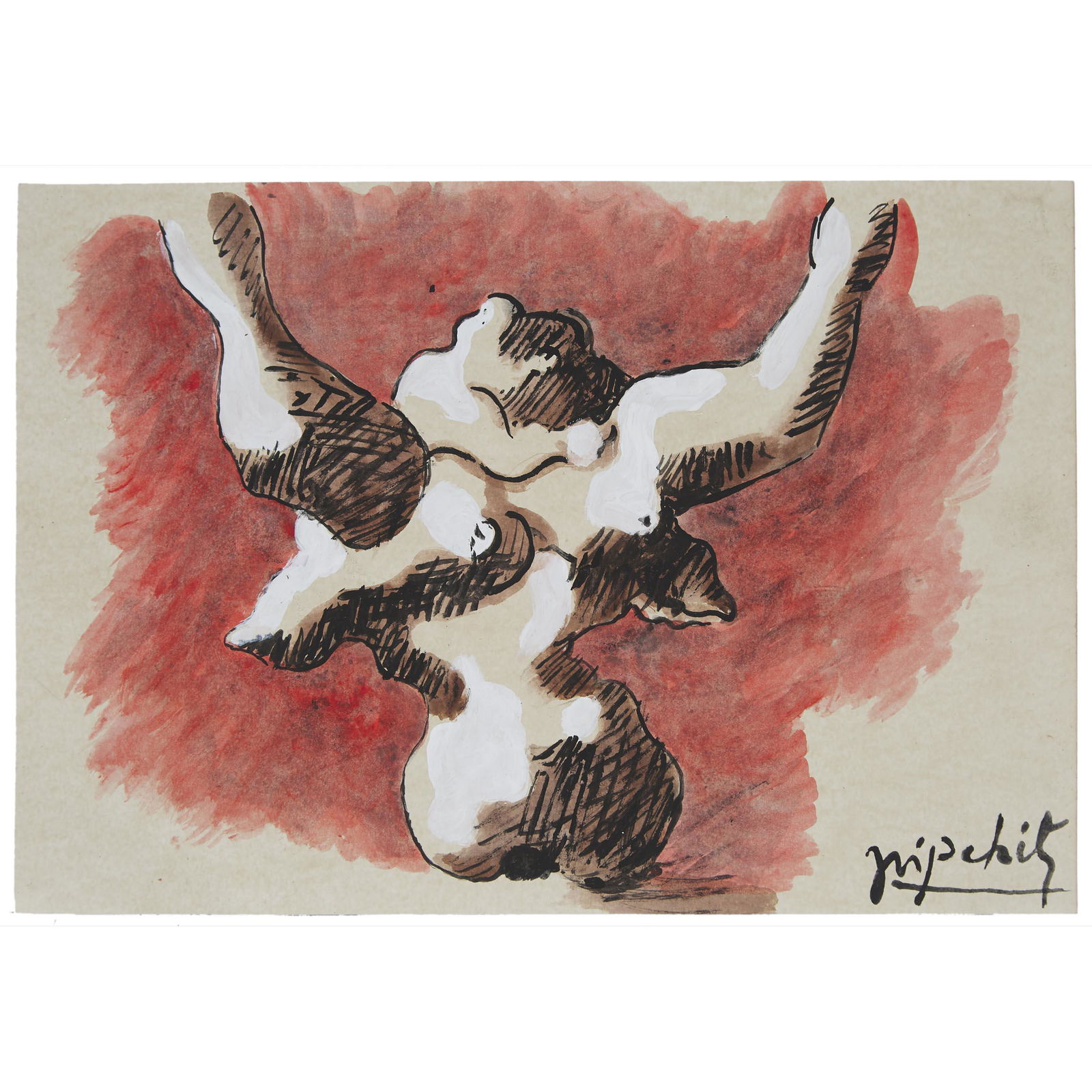 Attributed to Jacques Lipchitz (1891-1973), FIGURE WITH: ATTRIBUTED TO JACQUES LIPCHITZ (1891-1973), FRENCH/AMERICANFIGURE WITH ARMS UPHELDGouache and ink on thick tan paper; signed "Lipchitz" in black ink lower right, stamped "Levin Bisch/Schweiz-Helvetica