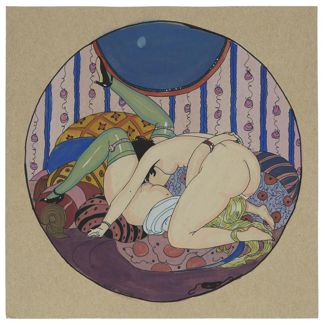 Gerda Wegener (1885–1940), EROTIC SCENE, Gouache: GERDA WEGENER (1885–1940), DANISHEROTIC SCENEGouache and ink on tan paper, painted as a tondo; signed lower left. Unframed.Image Diameter/Sheet 11.4 ins x 11.6 ins; 29 cms x 29.5 cms; Image Diam