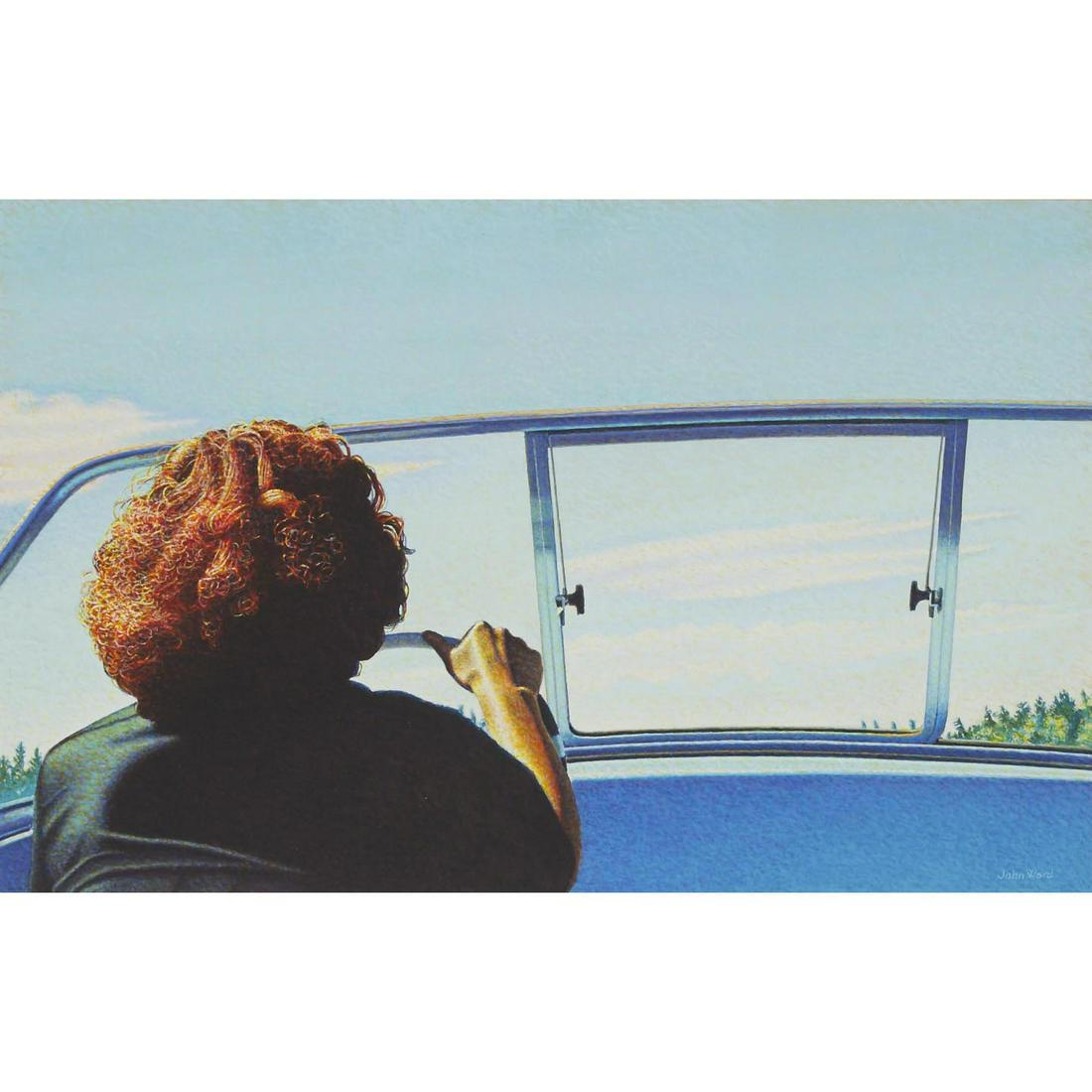 John Ward (B.1948), BOAT RIDER, 1977, Acrylic on board;: JOHN WARD (B.1948), CANADIANBOAT RIDER, 1977Acrylic on board; signedSight 9.5 ins x 15 ins; 24.1 cms x 38.1 cmsProvenance:Private Collection, TorontoEstimate: $1,000—2,000