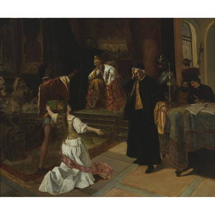 Attributed to Benjamin Robert Haydon (1786-1846),: ATTRIBUTED TO BENJAMIN ROBERT HAYDON (1786-1846), BRITISHOPHELIA BEFORE THE KING AND QUEENOil on canvas; signed lower left, ascribed to "Benjamin Robert Haydon (1786-1846)" to the old nameplate on the