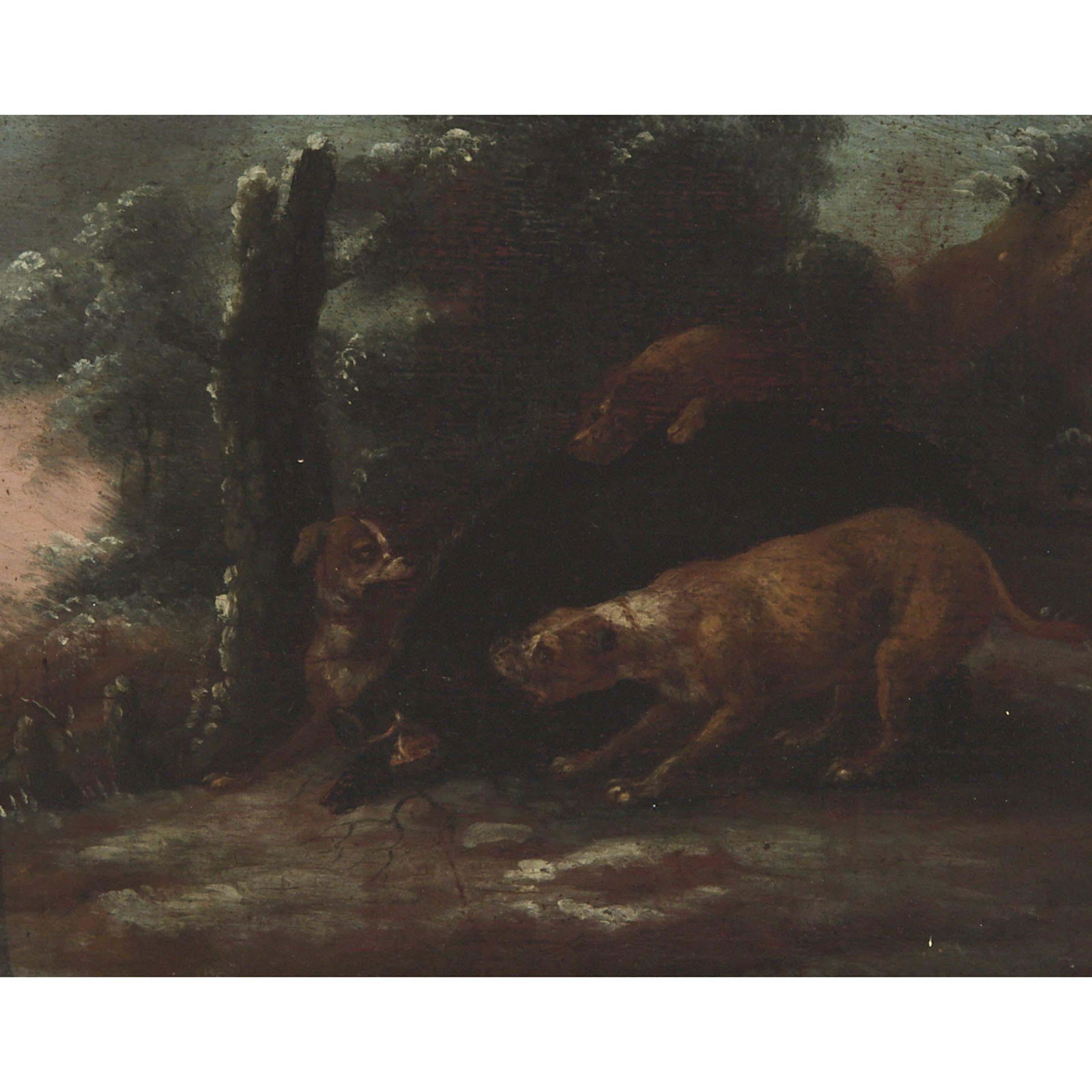 Manner of James Ward (1769–1859), THREE DOGS: MANNER OF JAMES WARD (1769–1859), BRITISHTHREE DOGS ATTACKING BOAROil on burled walnut wood panel; inscribed DLXXVIII verso4.75 ins x 6.25 ins; 12.1 cms x 15.9 cmsProvenance:Private Collection,
