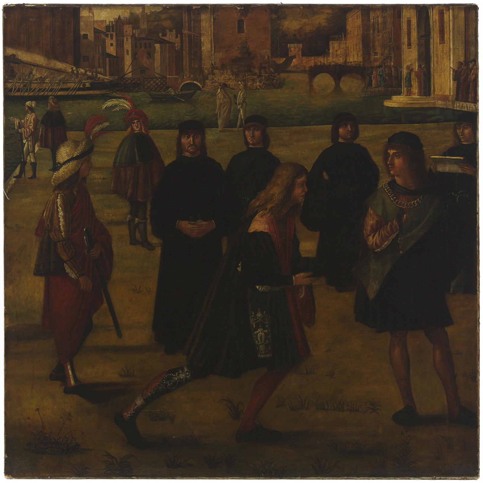 After Vittore Carpaccio (1465-1512), RITORNO DEGLI: AFTER VITTORE CARPACCIO (1465-1512), ITALIANRITORNO DEGLI AMBASCIATORI (RETURN OF THE AMBASSADOR)Oil on canvas; incised to the stretcher: "Venice / Copy Carpaccio..." and inscribed indistinctly with l