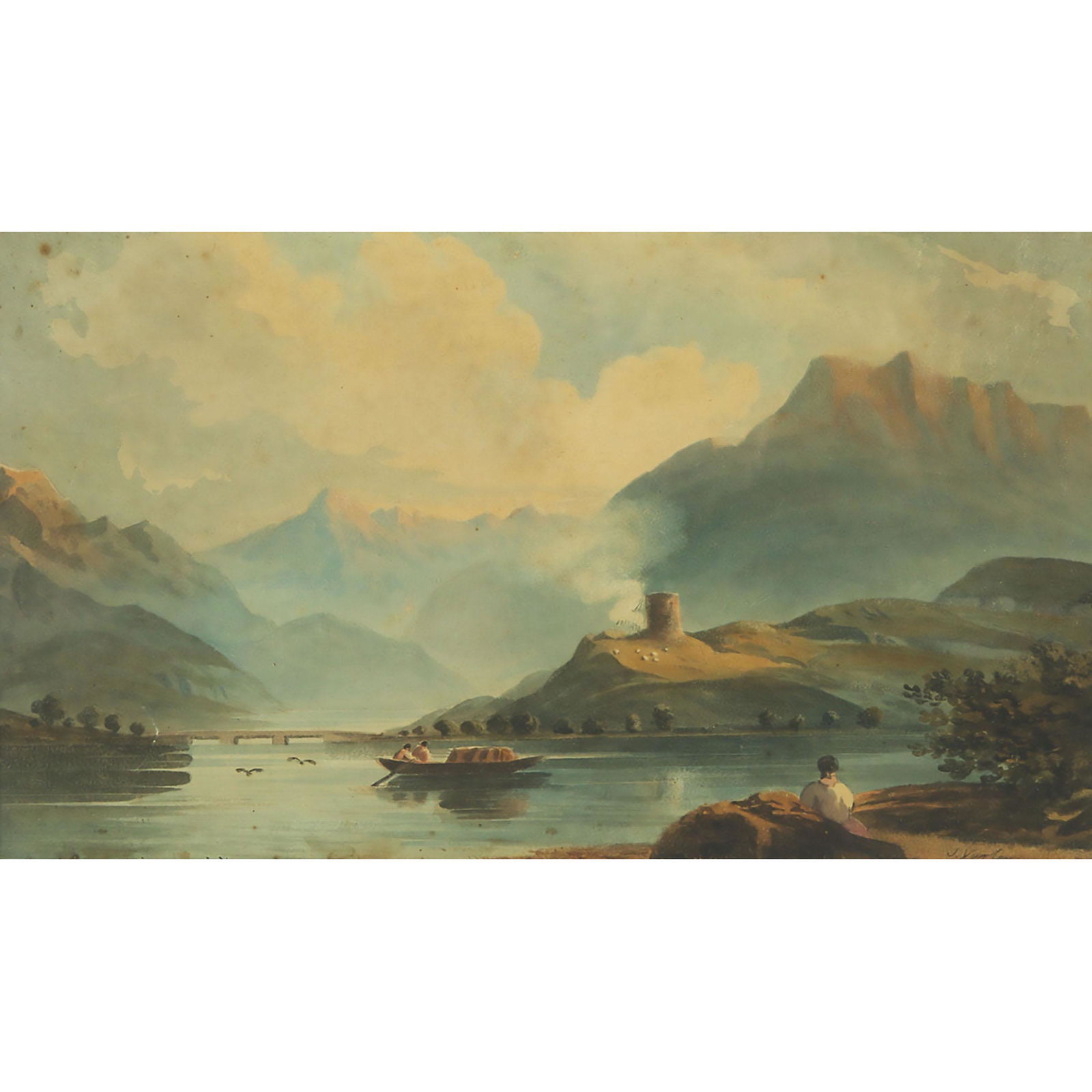 John Varley the Elder (1778-1842), HAY BARGE AND: JOHN VARLEY THE ELDER (1778-1842), BRITISHHAY BARGE AND SPECTATOR IN A MOUNTAINOUS RIVER LANDSCAPE WITH CASTLE RUINWatercolour; signed "J. Varley" in pen and ink lower rightSheet 8.5 ins x 15.75 ins;