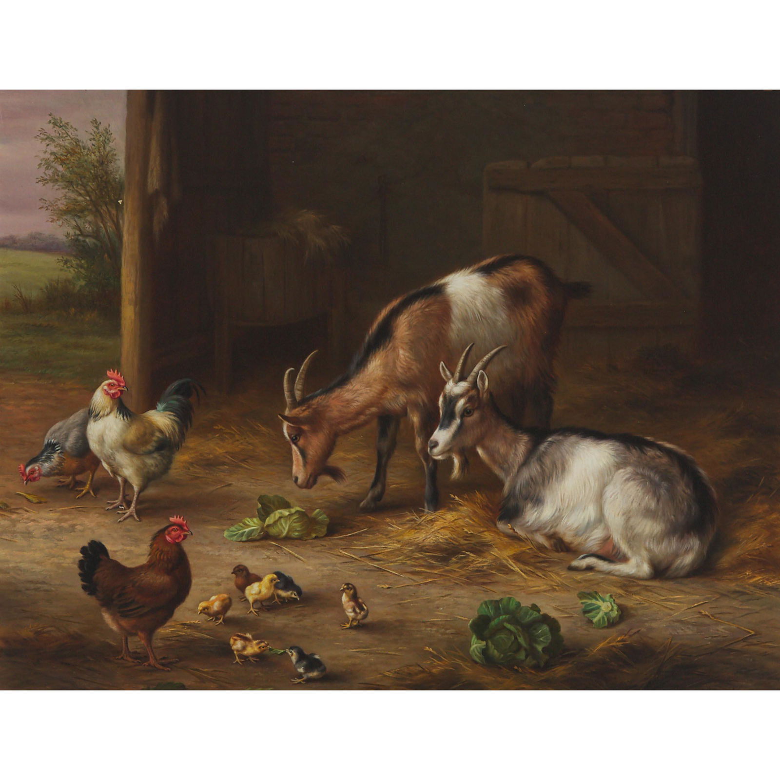 Edgar Hunt (1876–1953), BARN INTERIOR WITH GOATS: EDGAR HUNT (1876–1953), BRITISHBARN INTERIOR WITH GOATS AND CHICKENS, 1927Oil on canvas; signed and dated lower right14.25 ins x 18 ins; 36.2 cms x 45.7 cmsProvenance:Private Collection, Ontario